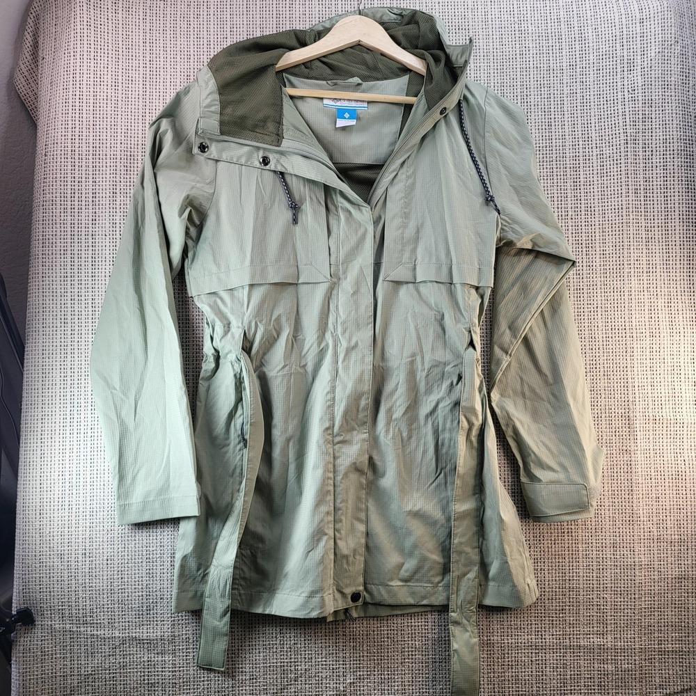 Columbia Jacket Womens Small Green Hooded‎ Belted Lightweight Raincoat Outdoor